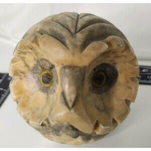 Vintage Owl Paperweight  Genuine Alabaster With Marble Glass Eyes MADE IN ITALY